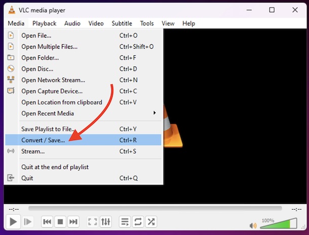 VLC Convert/Save menu option